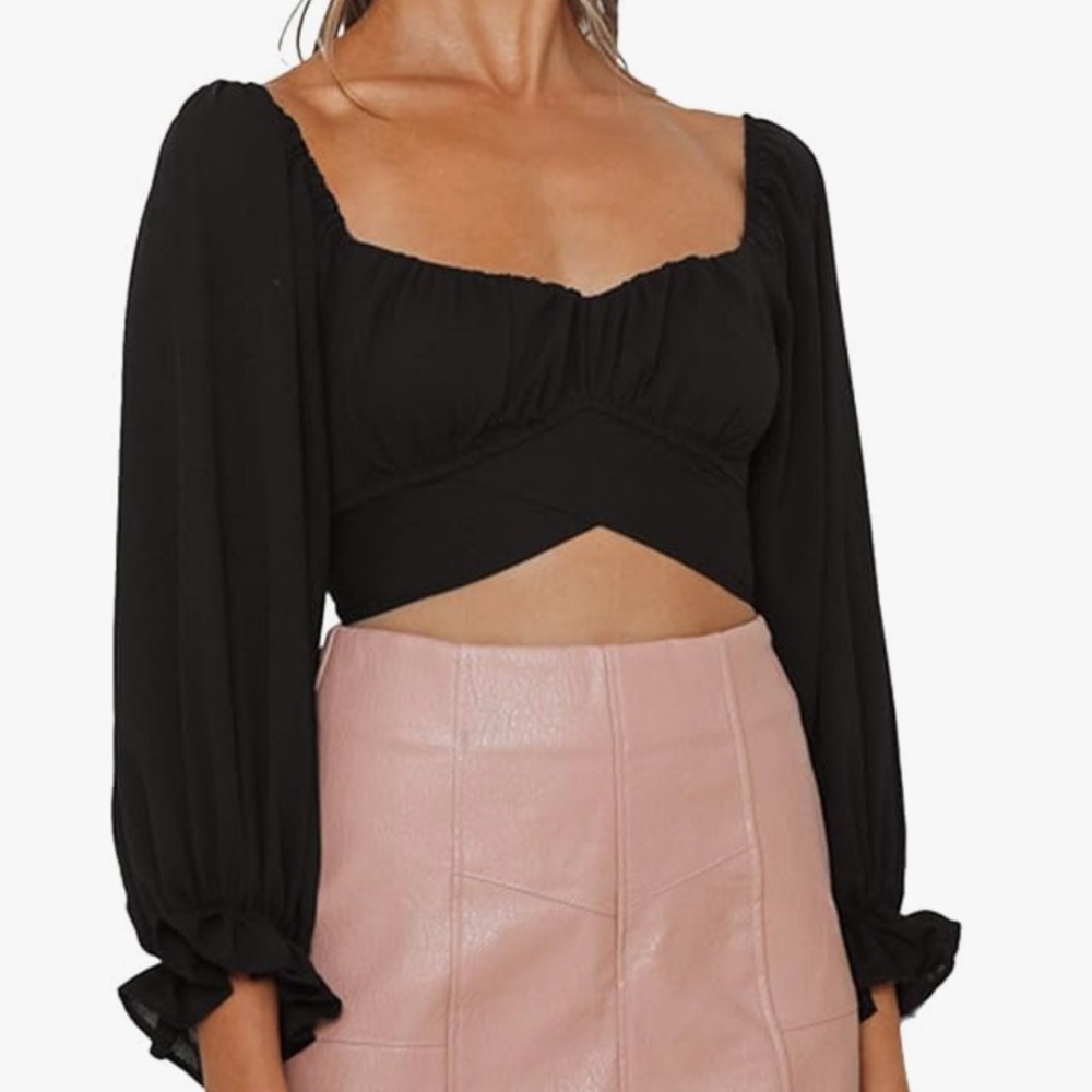 LYANER Women's Cute Off Shoulder Long Sleeve Self Tie Knot Crop Tube Top Blouse🖤